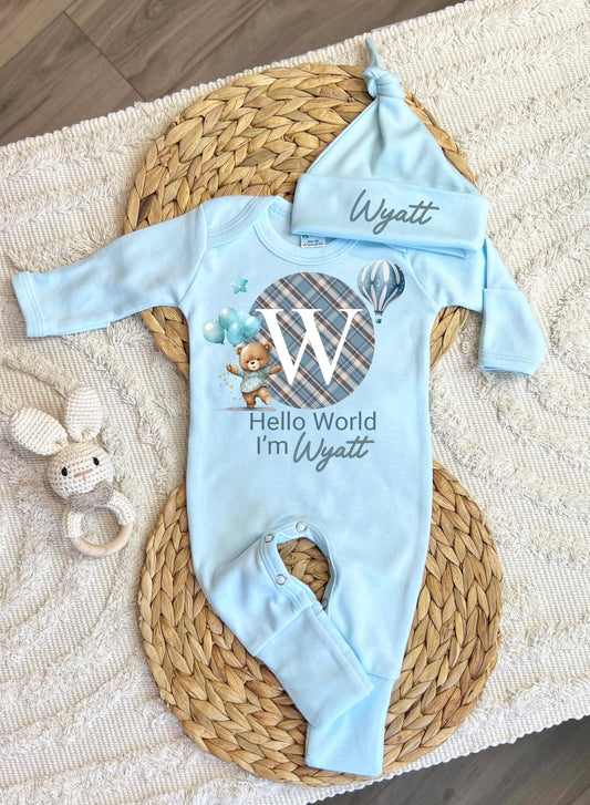 Personalized baby boy coming home outfit, romper hat set, newborn baby hospital outfit, hello world custom name outfit, baby shower gift