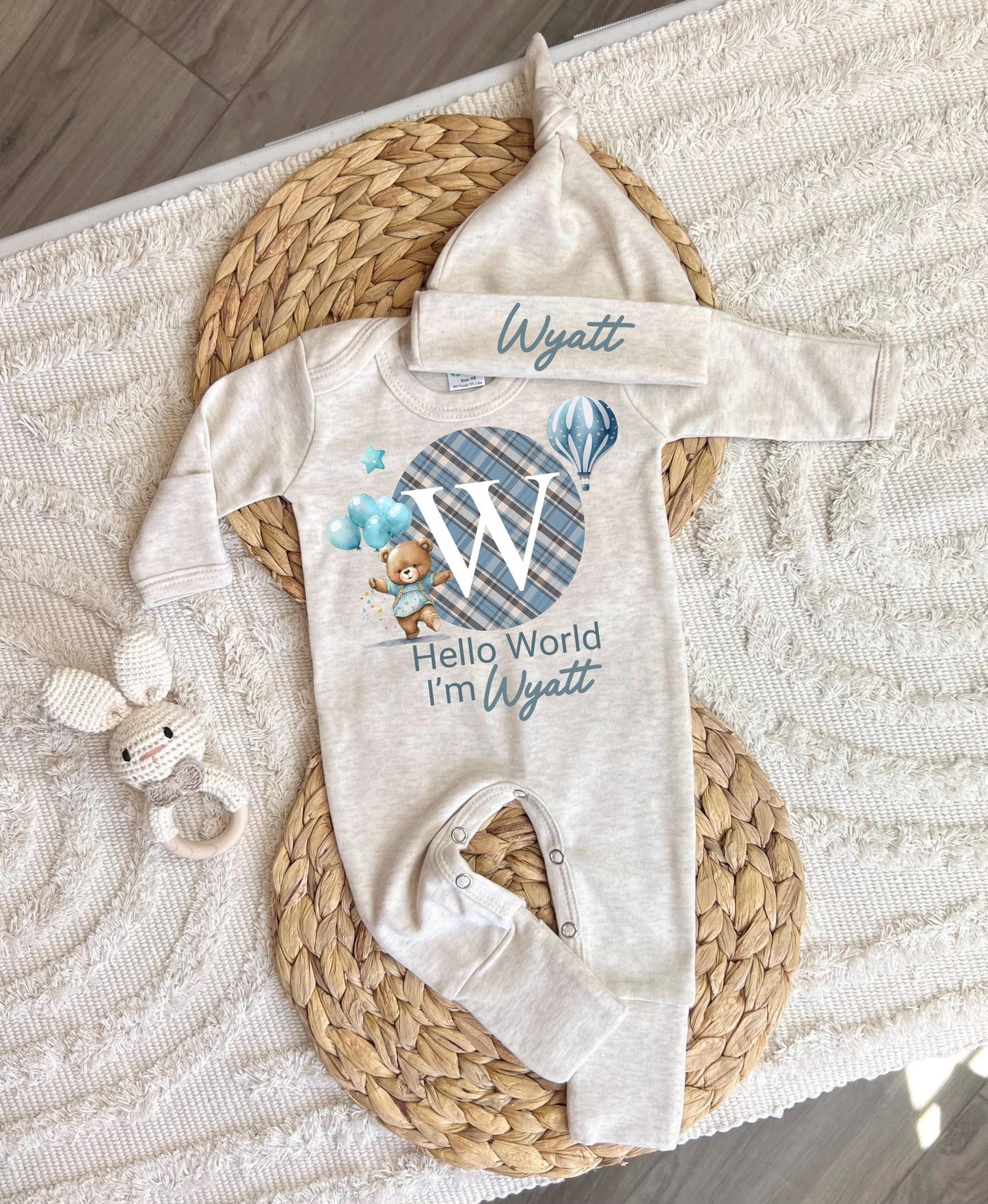 Personalized baby boy coming home outfit, romper hat set, newborn baby hospital outfit, hello world custom name outfit, baby shower gift