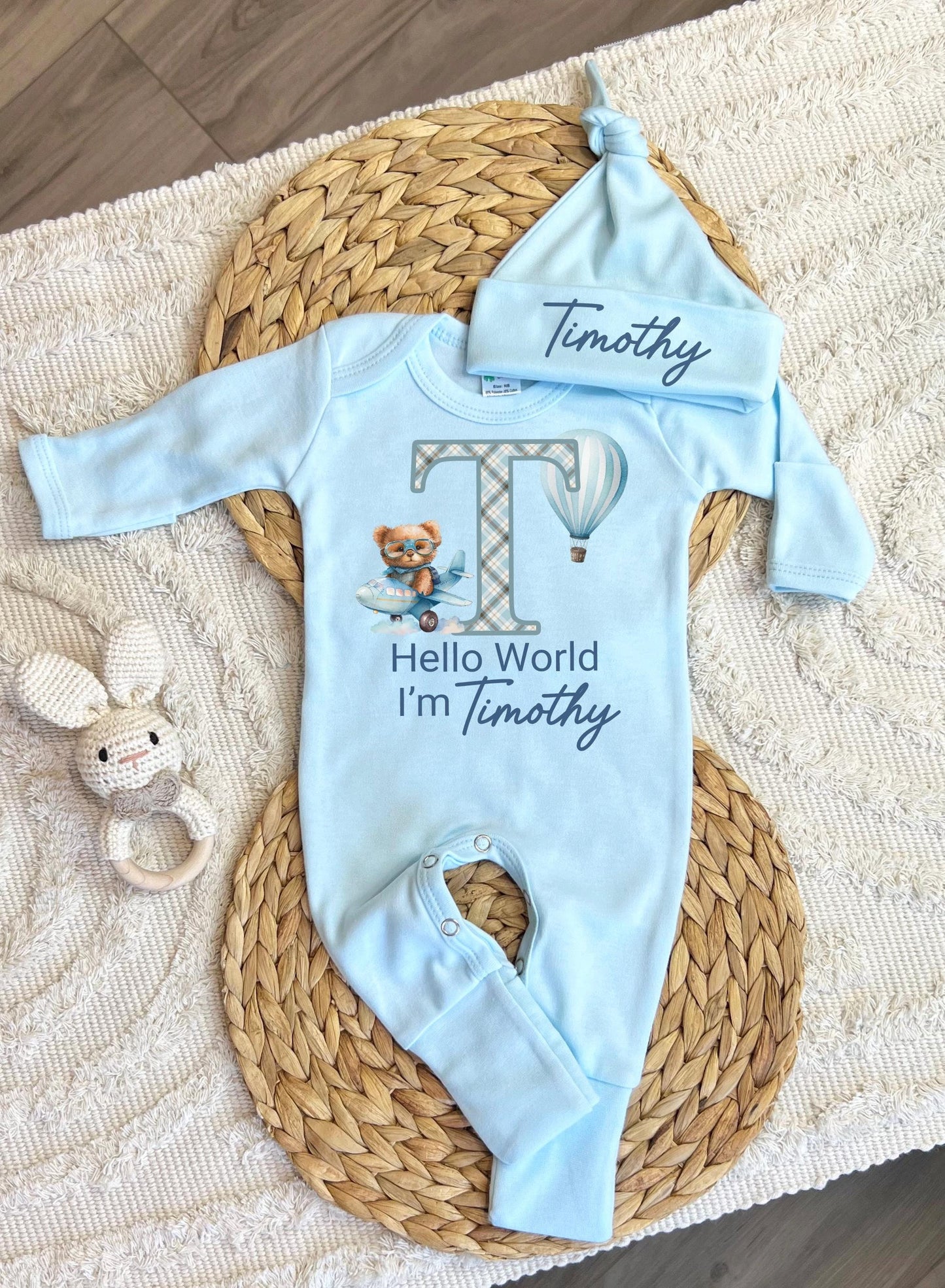 Personalized baby boy coming home outfit, romper hat set, newborn baby hospital outfit, hello world custom name outfit, baby shower gift