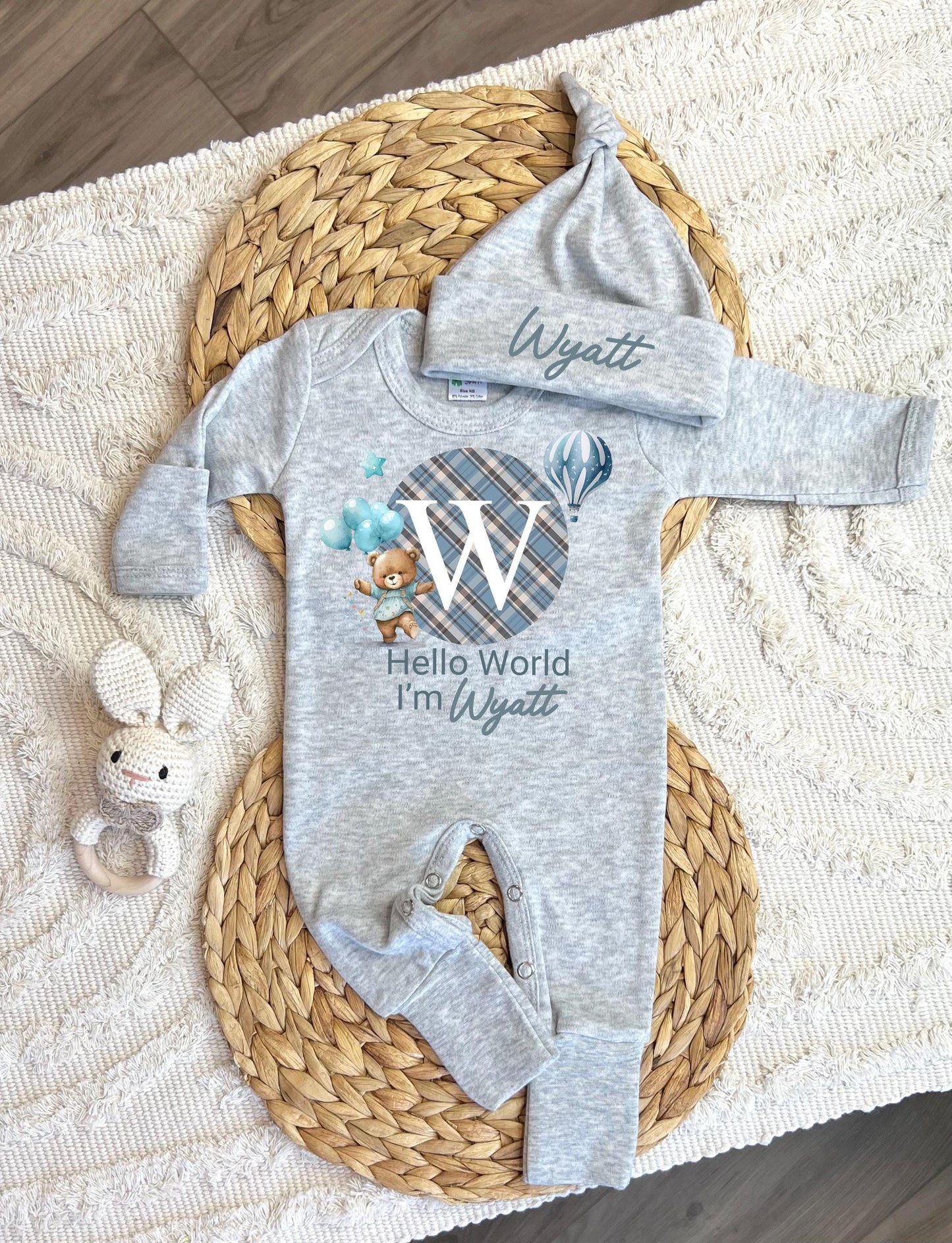 Personalized baby boy coming home outfit, romper hat set, newborn baby hospital outfit, hello world custom name outfit, baby shower gift