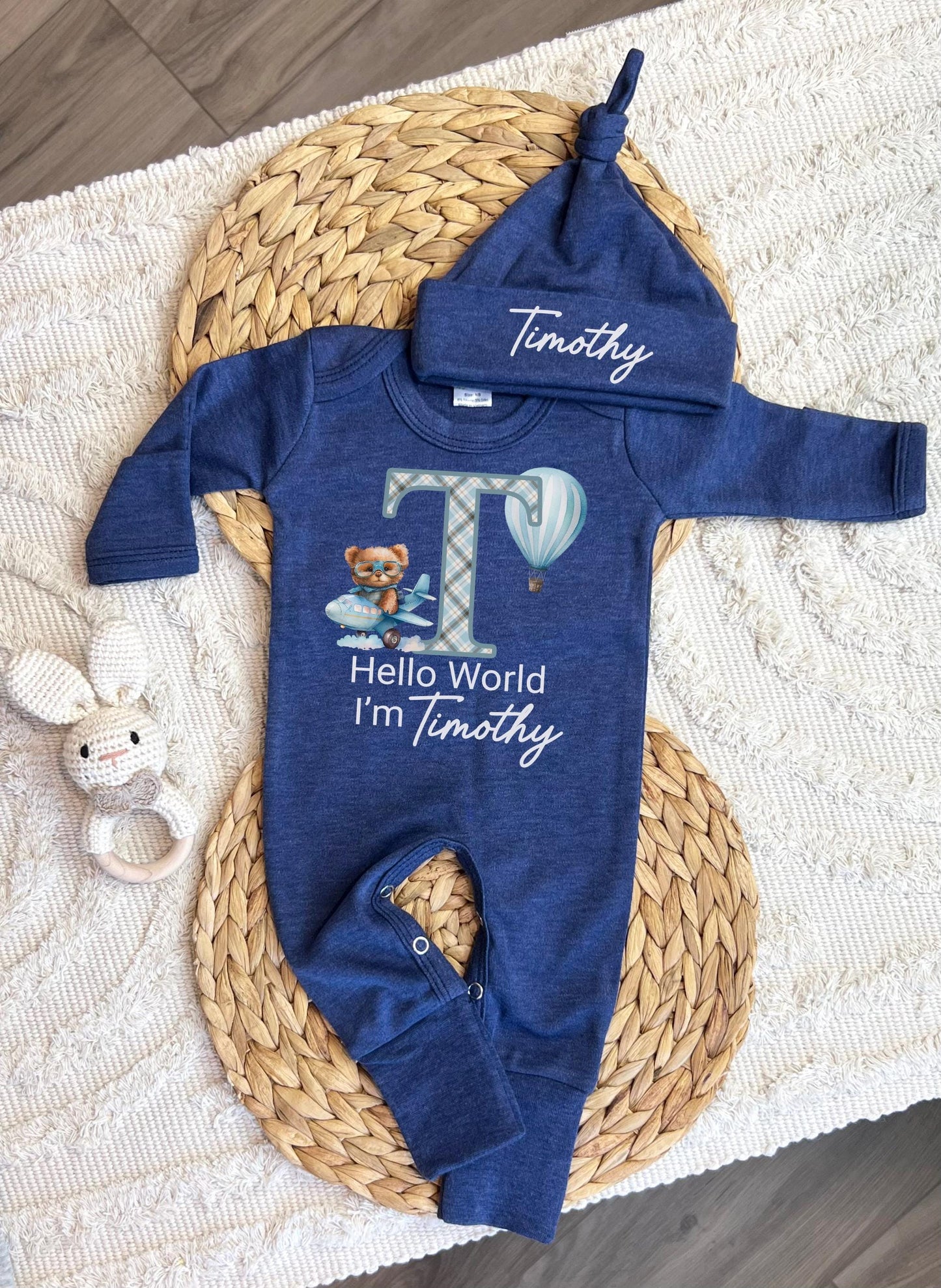 Personalized baby boy coming home outfit, romper hat set, newborn baby hospital outfit, hello world custom name outfit, baby shower gift