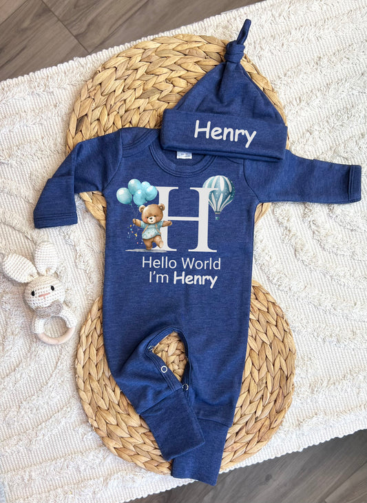 Boy Personalized Romper - Hello World - Blue