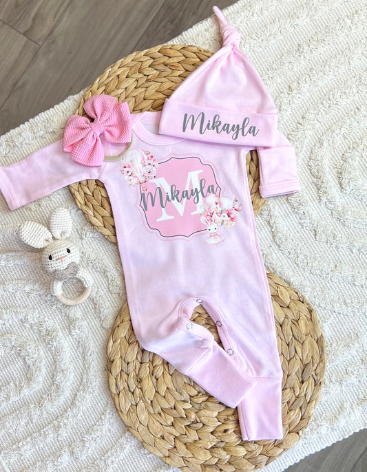 Baby Girl Personalized Romper Outfit - Mikayla Pink