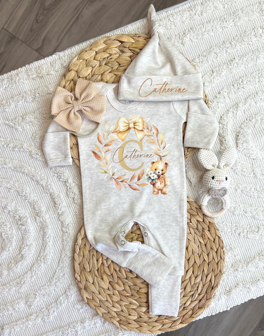 Personalized baby girl outfit, newborn baby hospital coming home outfit, baby romper hat set, custom name, baby shower gift, neutral, fall