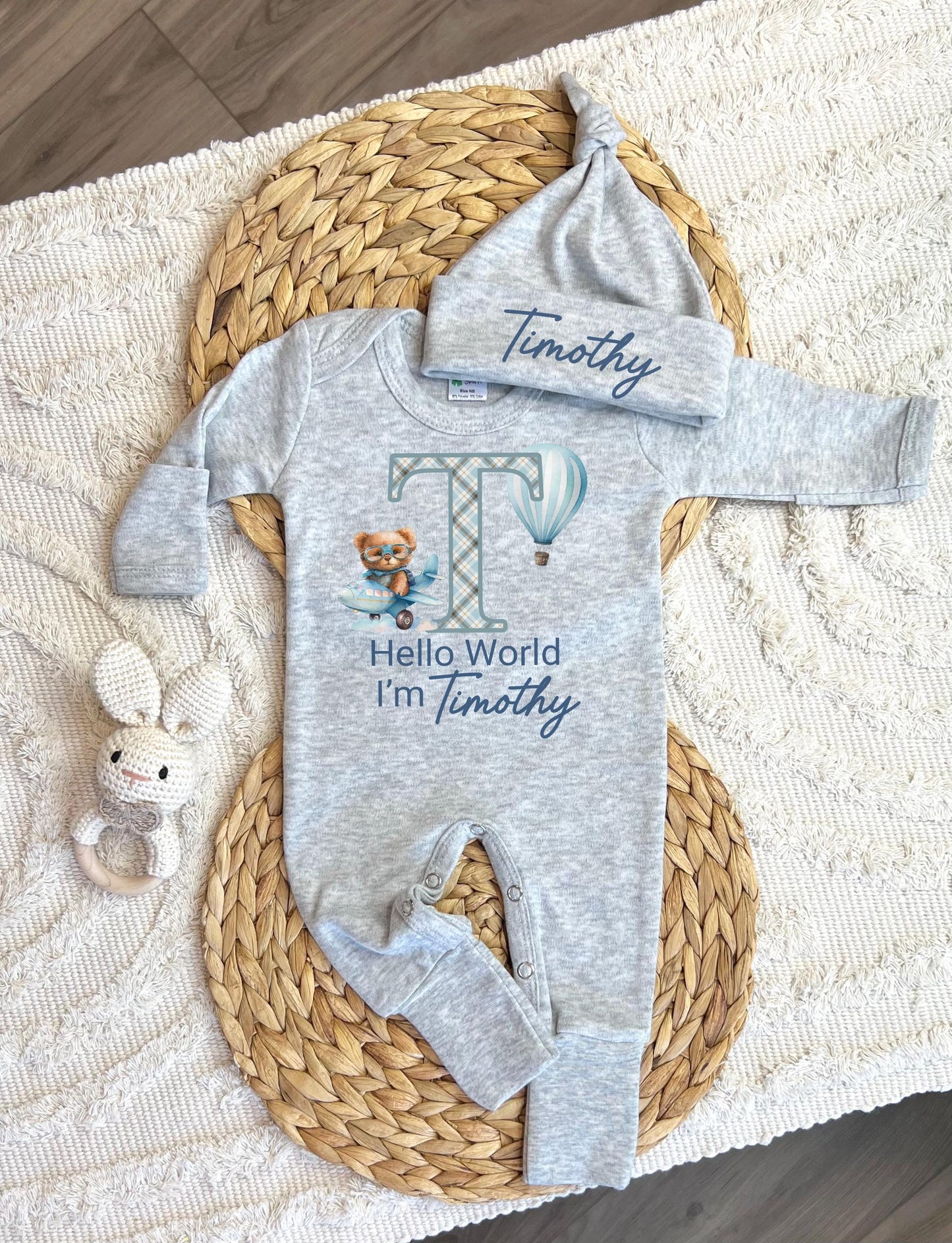 Personalized baby boy coming home outfit, romper hat set, newborn baby hospital outfit, hello world custom name outfit, baby shower gift