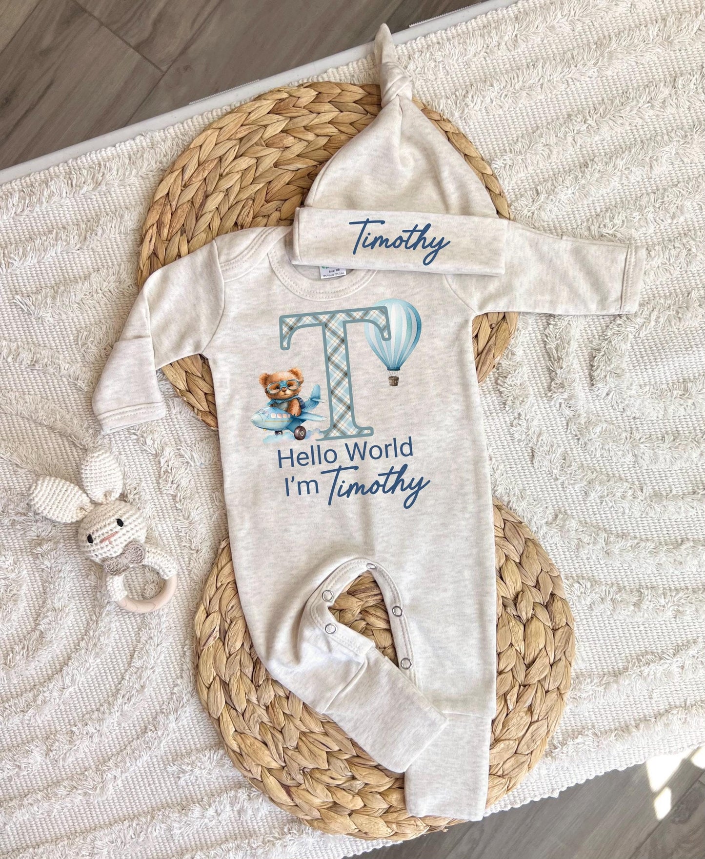 Personalized baby boy coming home outfit, romper hat set, newborn baby hospital outfit, hello world custom name outfit, baby shower gift