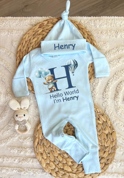 Boy Personalized Romper - Hello World - Blue