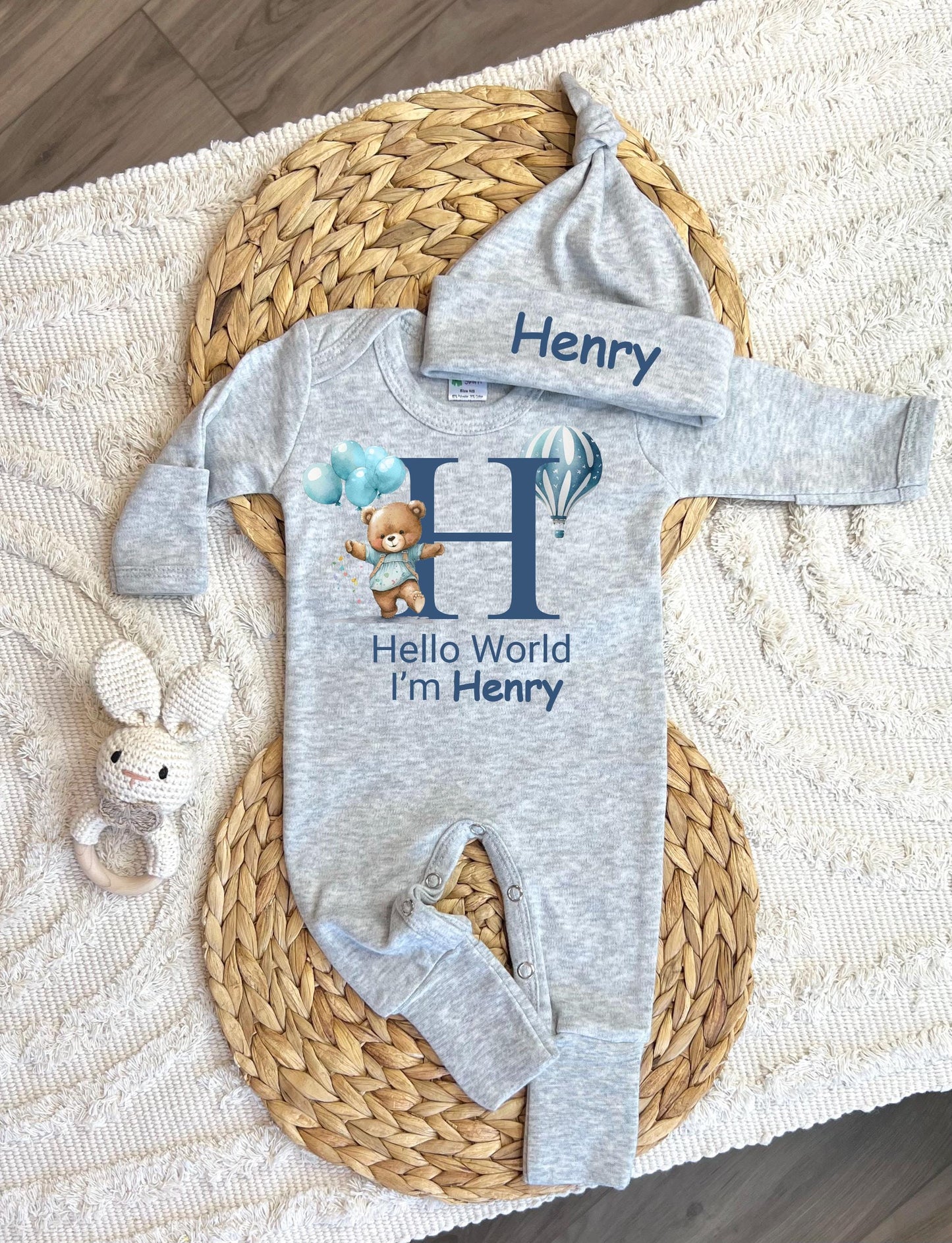 Boy Personalized Romper - Hello World - Blue