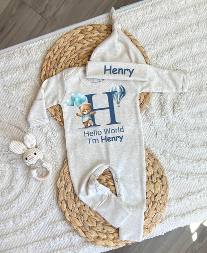 Personalized Baby Boy Romper - Hello World I'm Henry